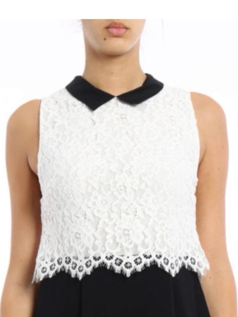 Alice + Olivia White Lace Sleeveless Top with Black Peter Pan Collar